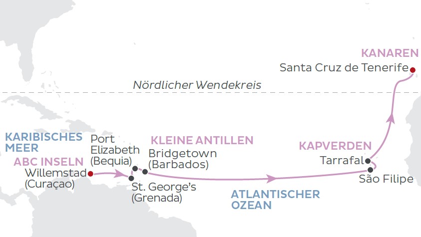 World Voyager Routenkarte Transreise Karibik zu den Kanarischen Inseln
