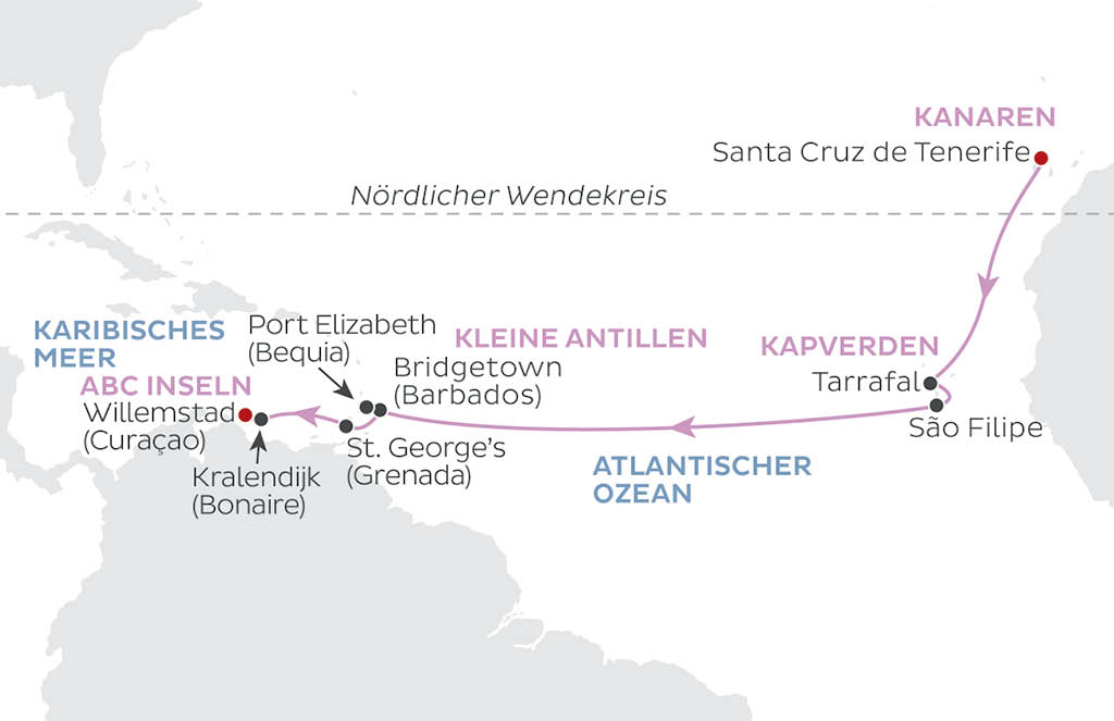 SBC-WVO World Voyager Routenkarte Transatlantik