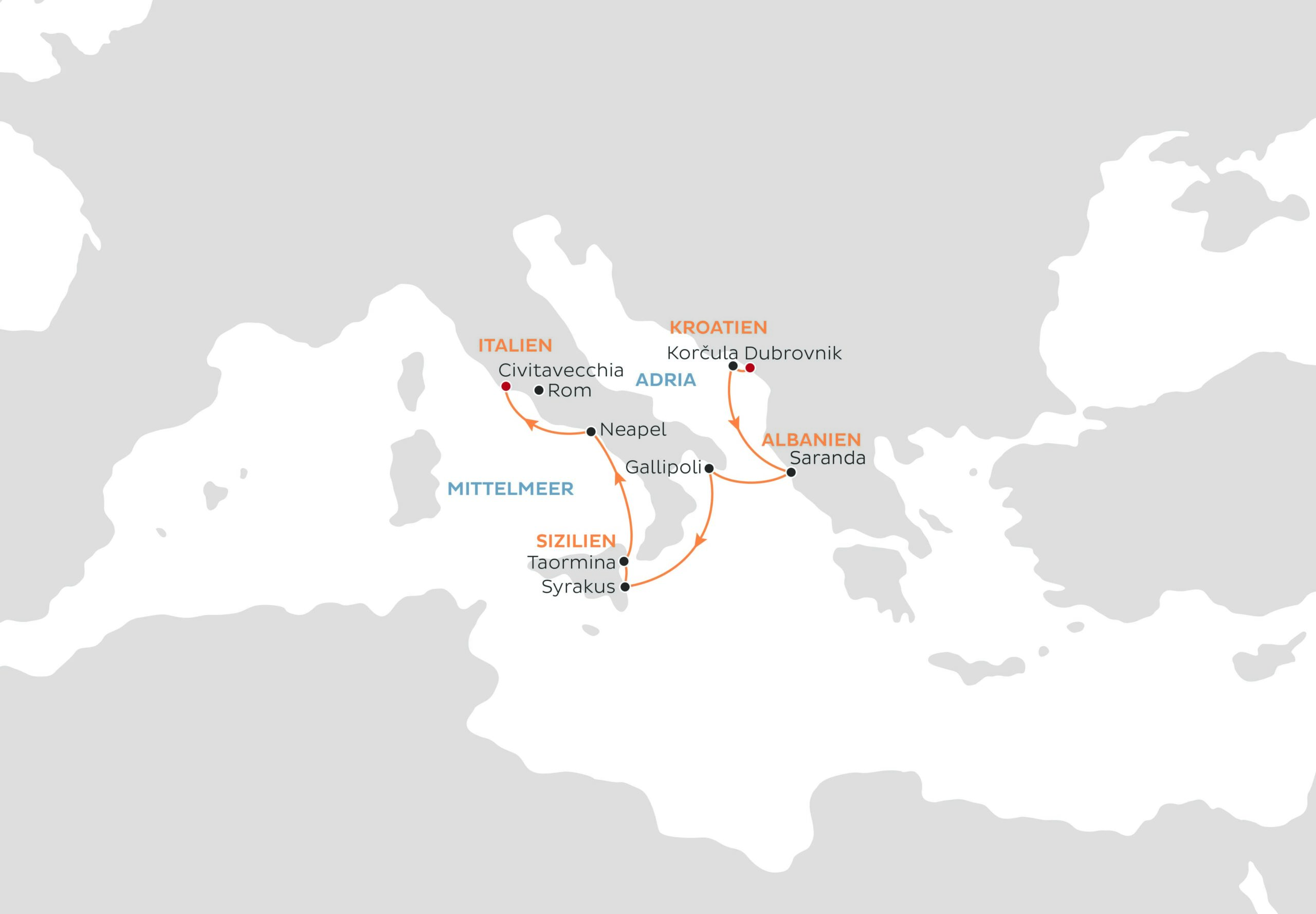 Routenkarte Vasco da Gama Von Dubrovnik nach Rom