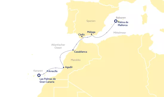 Routenkarte Vasco da Gama Von den Kanaren ins Mittelmeer