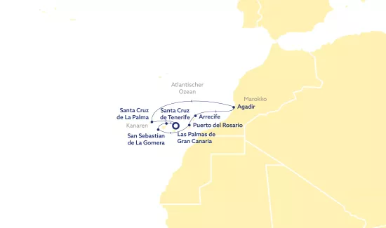 2022-23-glp-vdg-10-tage-gran-canaria-teneriffa-la-gomera-lanzarote-agadir-la-palma-gran-canaria Routenkarte Vasco da Gama Kanaren und Marokko