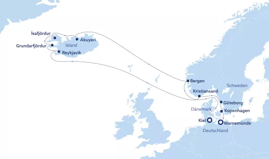 2022-23-wik-vdg-16-tage-warnemuende-kopenhagen-reykjavik-island-bergen-kiel-aug2022 Routenkarte Vasco da Gama Island Reise