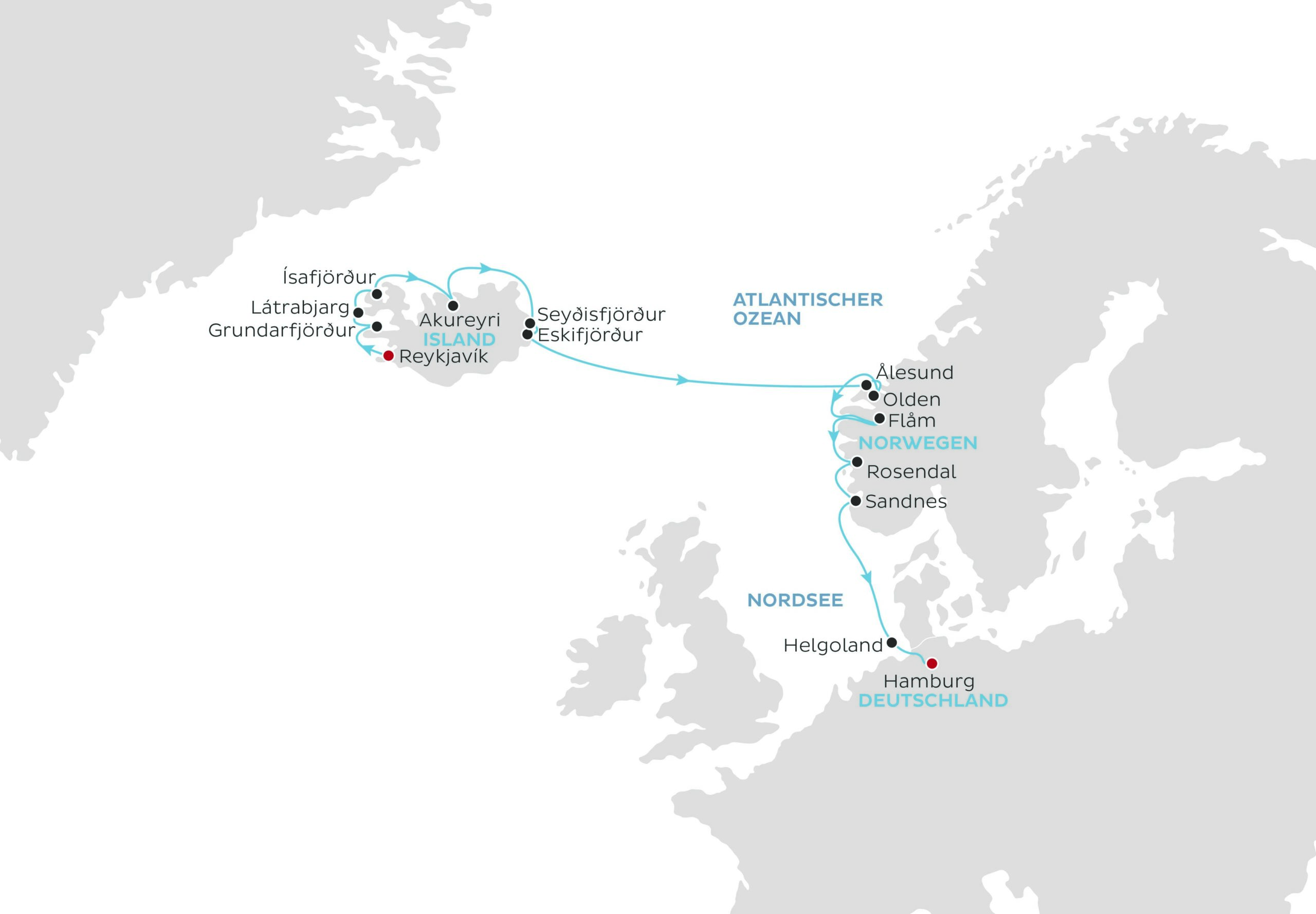 Routenkarte World Voyager Durch Fjorde bis zum Nordkap