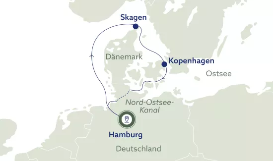 Routenkarte World Voyager Dänemark Reise mit Passage Nord-Ostsee Kanal