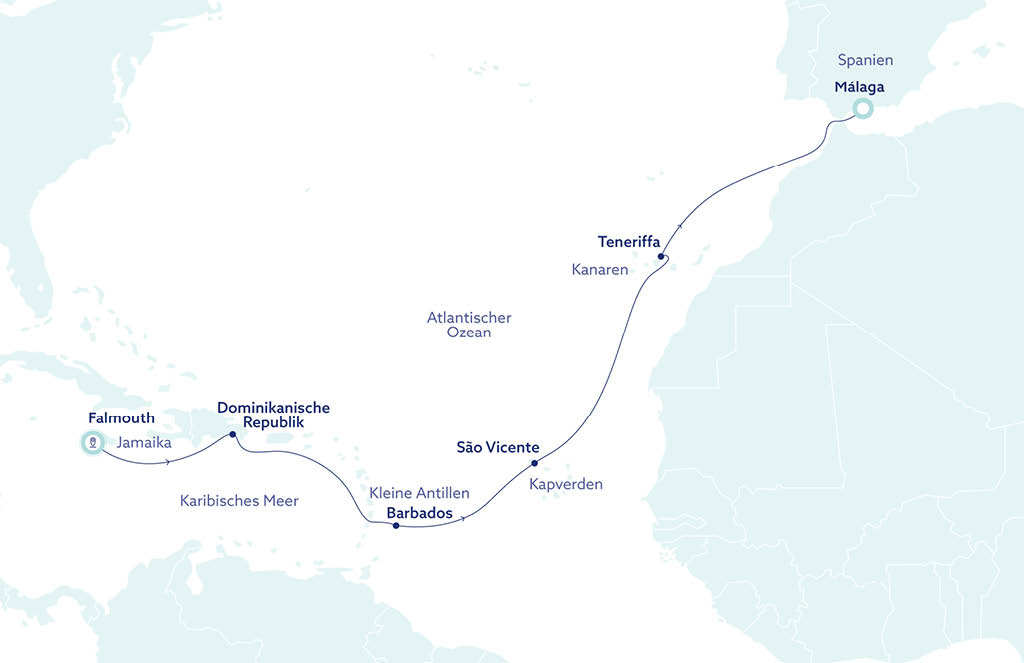 World Voyager Routenkarte Transreise Karibik zu den Kanarischen Inseln